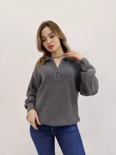 Свитер оверсайз теплый вязаный на молнии с воротником фото 9