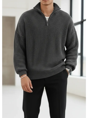 Свитер оверсайз теплый вязаный на молнии с воротником фото 3