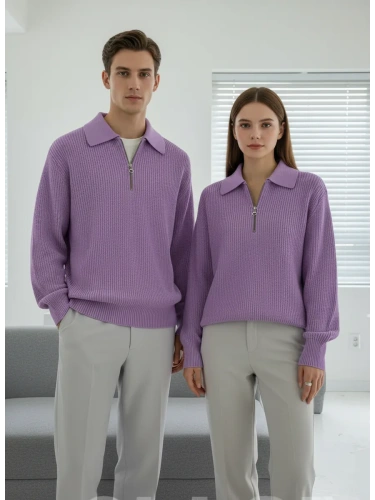 Свитер оверсайз теплый вязаный на молнии с воротником