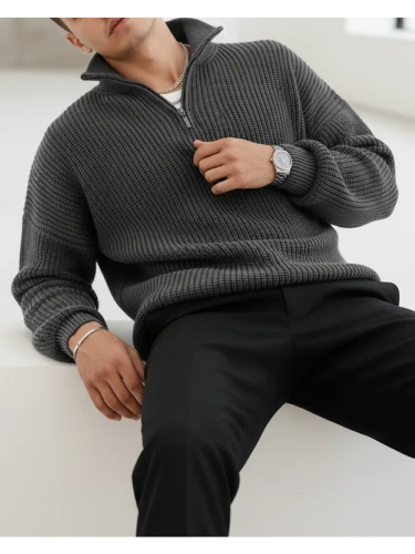 Свитер оверсайз теплый вязаный на молнии с воротником фото 4