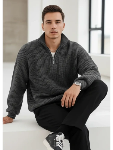 Свитер оверсайз теплый вязаный на молнии с воротником фото 2