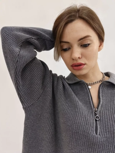 Свитер оверсайз теплый вязаный на молнии с воротником фото 2