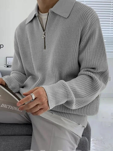 Свитер оверсайз теплый вязаный на молнии с воротником